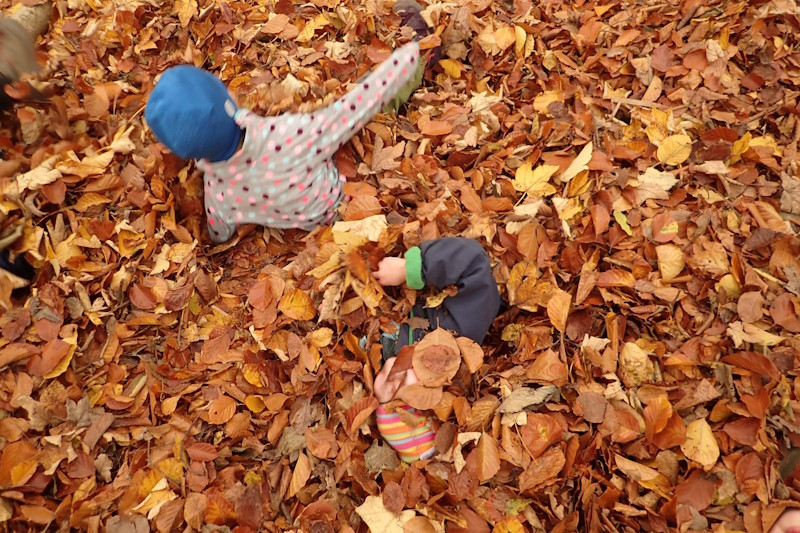 Zwei Kinder spielen in einem großen Haufen Laub.